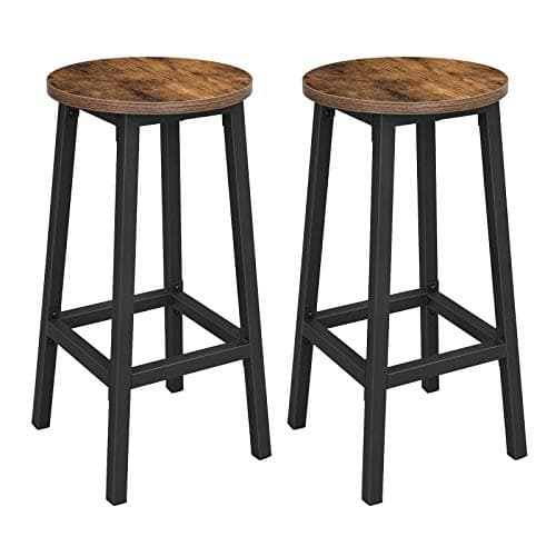 Image of VASAGLE Bar Stool Set of 2 Round Chair High Kitchen Seat Steel Frame Height 65 cm Easy Assembly Industrial Style Rustic Brown and Black LBC32X