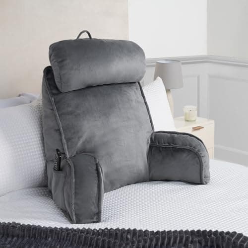 Image of OHS Cuddle Cushion with Head Rest, Detachable Neck Roll Reading Pillow for Bed Adult Kids Soft High Back Support Cushion with Arms & Pocket Gaming Cushions for Boys Girls Sit Up in Bed Pillow, Grey