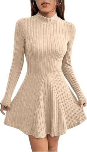 Image of TrendiMax Women's Long Sleeve Mini Dress Ribbed Knit Mock Neck Ruffled A Line Casual Sweater Dresses Apricot
