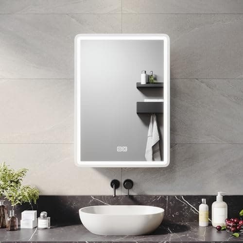 Image of ELEGANT LED Bathroom Mirror Cabinet With Shaver Socket, Wall Mounted, Touch Button 3 Colour Light, Demister, Stainless Steel, 500x700mm, White