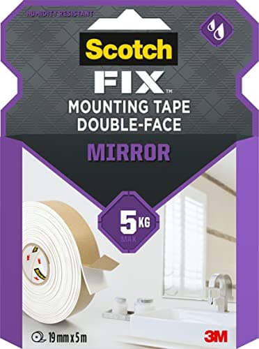 Image of Scotch-Fix Mirror Double-Sided Mounting Tape, 19mm x 5m - For Indoor Use, Humid Areas, For Mirrors in Bathrooms and Kitchens, Works on Ceramic, Tiles, Finished Wood, Metal, Glass and Painted Walls