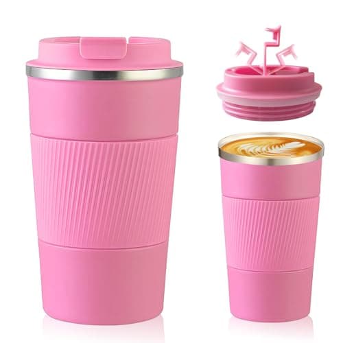 Image of Senshuomy Travel Mug, Insulated Coffee Cup with Leakproof Lid, Reusable Coffee Cups Travel Cup, Stainless Steel thermaol Mug for Hot Cold Drinks (Pink 380ml)