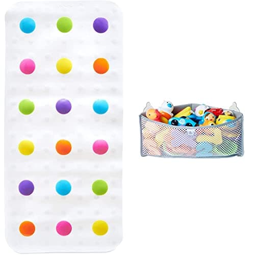 Image of Munchkin Dandy Dots Non Slip Baby Bath Mat, Colourful Bubble Shower Mat & High'n Dry Baby Toy Storage Basket, Hanging Bath Tidy