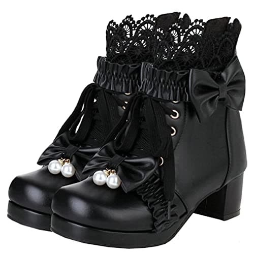 Image of Meefit Women Lolita Platform Boots Lace Up Chunky Heel Ankle Boots with Bow Cosplay Winter Shoes, Black, 7 UK