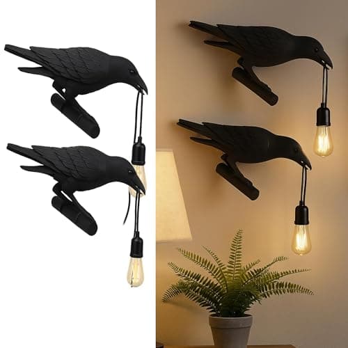 Image of Set of 2 Black Birds Wall Lamps Resin Crow Desk LED Lamp E27 Base Modern Raven Art Deco Bedside Decor Plug in Cord Table Lamps for Bedroom, Office, College Dorm, Right Black Wall ((Pack 2))