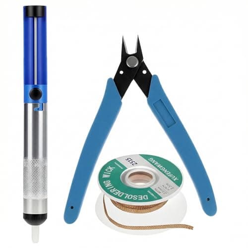 Image of QWORK® 3Piece Solder Removal Tool Set, Solder Sucker Pump, No-Clean Solder Wick, and Wire Cutter Pliers, for DIY Electronics