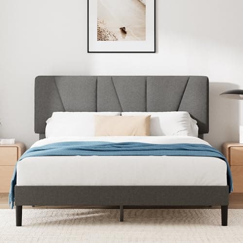 Image of Zinus Maya Double Bed Frame with Headboard - 4ft6 (135 x 190 cm) - 11.8'' Height - Upholstered Bed Base - Wooden Slat Support - Easy Assembly - Dark Grey