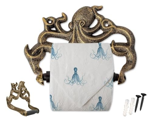 Image of Decorative Cast Iron Octopus Toilet Paper Roll Holder – Wall Mounted Octopus Décor for Bathroom – Kraken, Nautical Bathroom Accessories – Easy to Install w/included Screws and Anchors - Gold & Black