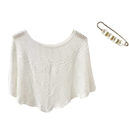 Image of Shawl Wrap Women's Short Cut Pullover Tops Laides Summer Beach Poncho Boho Hollow Out Crochet Shawls Mesh Knitted Wedding Capes Sun Proof Shawl Dress Cover Ups with Pearl Pin