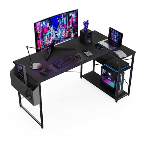 Image of BEXEVUE L Shaped Gaming Desk, 120x70 cm Computer Desk with Storage Bag, Office Desk Small Writing Table with Large Reversible Storage Shelves, Workstation for Study Play Work Home Office, Black
