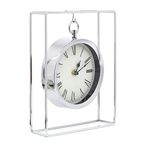 Image of Stylish Hanging Sliver Modern Mantel Clock | Suspended Chrome Table Clock | 25cm Living Room Mantle Clock