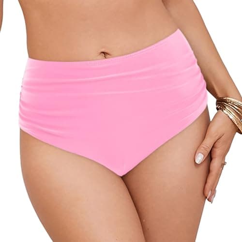Image of Women's Bikini Bottoms High Waisted Solid Ruched TummyControl Swim Briefs Bottom Swimming Briefs Bathing Suit Shorts Quick Drying Swimwear Swimsuit Beach Swim Trunks Underwear for Women UK (M) Pink