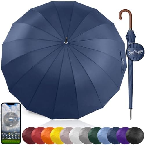 Image of Royal Walk Windproof Umbrella Black Large 54 Inch Automatic Open for 2 Persons Stormproof for Men Women Classic Wooden Handle Lightweight Waterproof Durable Strong 16 Ribs Travel Golf 120cm Navy Blue