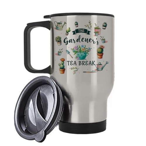 Image of Getagift The Gardener's Tea Break Mug, Gift for Gardeners, Insulated 14oz Travel Mug, Tea, Coffee Mug. (Silver)