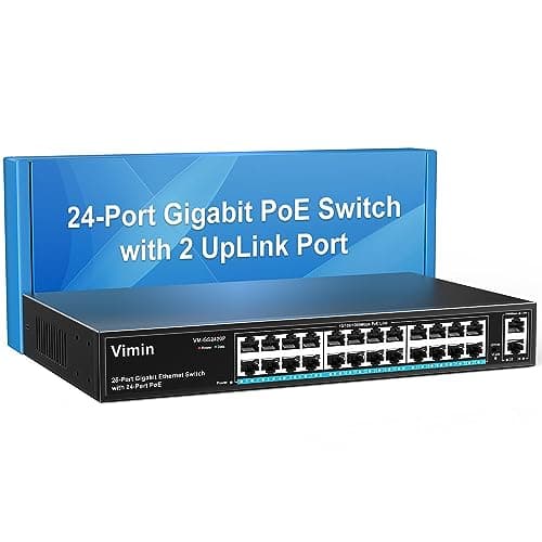 Image of VIMIN 24 Port Gigabit PoE Switch with 2 Uplink Gigabit Ports, 26 Port Unmanaged Ethernet PoE Switch with 320W Power, Support IEEE802.3af/at, VLAN, Metal Housing, 19 inch Rack-Mount, Plug & Play