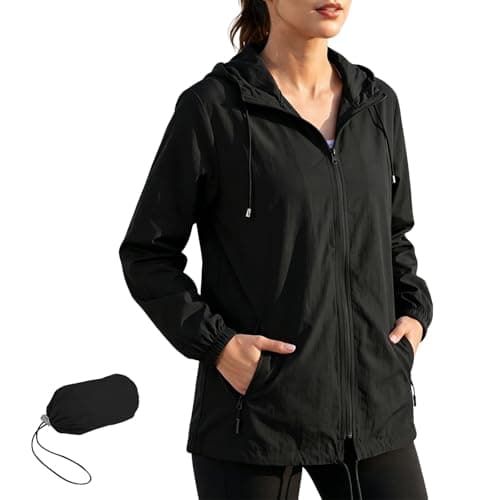 Image of Fjquamitix Women's Jackets Lightweight Waterproof Jacket With Hooded Packable Waterproof Raincoat Women Rain Coat Ladies Summer Jackets For Hiking Travel (UK, Alpha, M, Regular, Regular, Black)