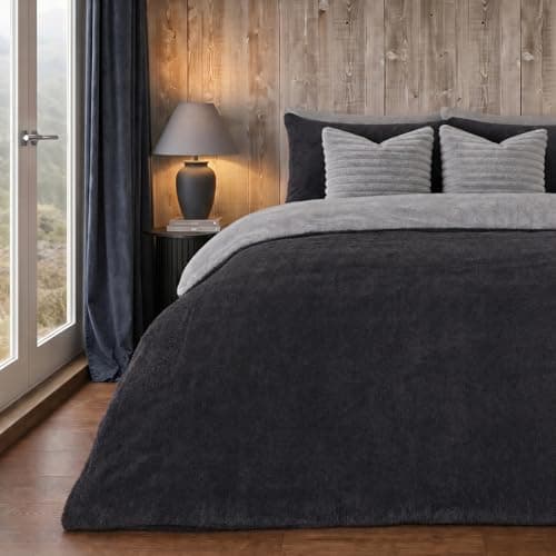 Image of Brentfords Reversible Teddy Fleece Duvet Cover with Pillow Case Supersoft Fluffy Thermal Warm Soft Bear Bedding Set, Charcoal Silver Grey - King