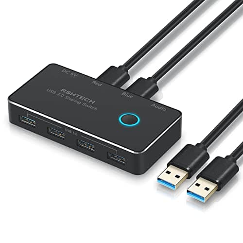 Image of RSHTECH USB 3.0 Switch, 2 In 5 Output USB3 Sharing Switcher for 2 Computer Share 4 USB 3.0 & 3.5mm Audio, USB Switch for Printers, Mouse, Keyboards, HDD Drives and More (RSH-A201)
