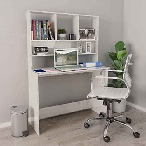 Image of SooIarix Desk with Shelves, High-Gloss White, Made of Wood Material, 110 x 45 x 157 cm, Space-Saving with Lots of Storage Space for Study and Gaming, Modern Computer Desk for PC and Dining Table Use