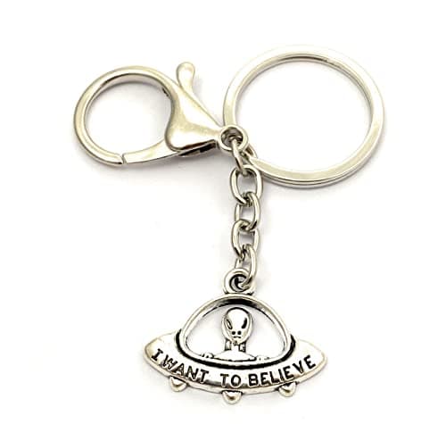 Image of FizzyButton Gifts Alien I Want to Believe Spaceship Keyring Key Ring and Lobster Clasp with Silver Tone Charm