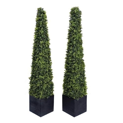 Image of 2 x Artificial Premium Quality Topiary Boxwood Pyramid Trees in Black Square Planter for Indoor Outdoor Decor, UV Stable (4ft/120cm)