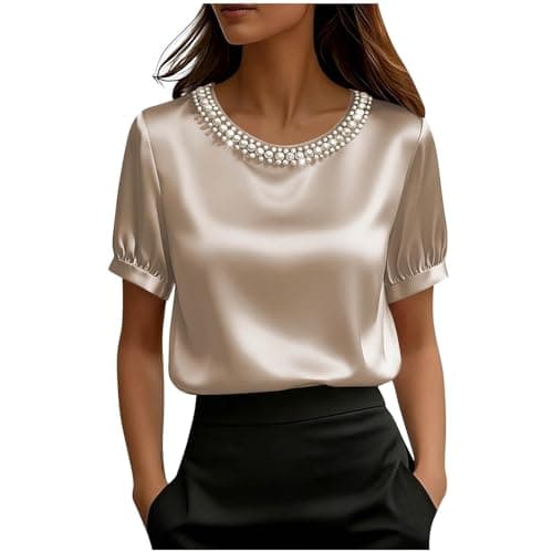 Image of Women's Satin Tops Short Sleeve Crew Neck Tunic Shirt Ladies Silk Elegant Blouses Casual Summer Solid Color Loose Tee Shirt Shiny Office Work Party Clubwear Going Out Travel Holiday Streetwear Uk 8-16