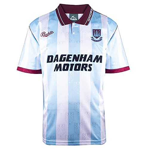 Image of Score Draw West Ham United 1992 Away Retro Football Shirt Sky/White Large Polyester
