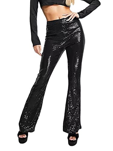 Image of Fiacafyo Women Sequin Flared Trousers Sparkly Glitter High Waisted Wide Leg Pants Shiny Bling Bell Bottom Party Clubwear (B-Black, L)