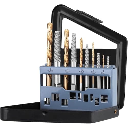 Image of Mata1 - Left Hand Drill Bit Set - 10 pc, Silver & Gold - Metal Extractor Bits to Remove Stripped Broken Screws & Bolts w/Iron Storage Case