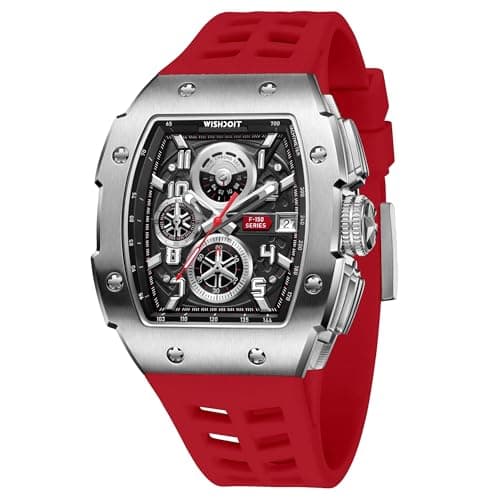 Image of WISHDOIT Chronograph Muti-Function Watch Mens Luxury Tonneau Watch (Silver Case Red Band)