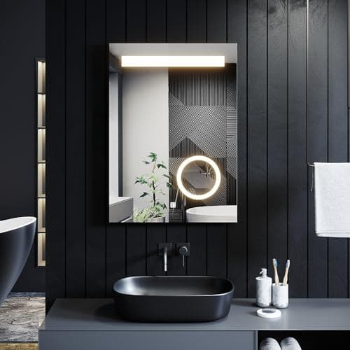 Image of ELEGANT LED Bathroom Mirror with Shaver Socket, Illuminated Wall Mounted Vanity Mirror with 3 Colors Dimmable Light, Anti-fog, Memory Function, Magnifying 500 x 700 mm Touch Sensor