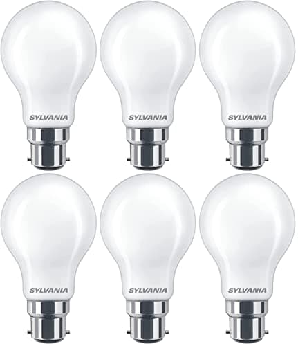 Image of SYLVANIA GLS Frosted LED Light Bulb, Dimmable, B22, 7W, 806 Lumens, Warm White 2700K - 6 Pack
