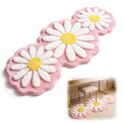 Image of Daisy Non-Slip Bath Mat 50 x 80 cm,Pink Bath Mat White Flower Rug,Absorbent Soft Bathmat Machine Washable Microfiber Funny Bathroom Rug Mats Decorative Carpet for Shower Bedroom Kitchen Decor
