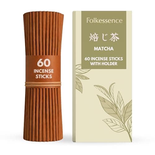 Image of Folkulture Japanese Matcha Incense Sticks with Holder | 60 Premium Incense | No Charcoal, No Black Smoke | Green Tea Matcha Aroma for Relaxation, Focus | Organic, Non-Toxic Incense