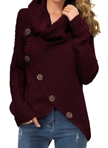 Image of GRECERELLE Women's Winter Jumpers Knit Warm Turtle Neck Wrap Asymmetric Hem Jumper Sweater Tops with Button for Ladies (Burgundy, L)