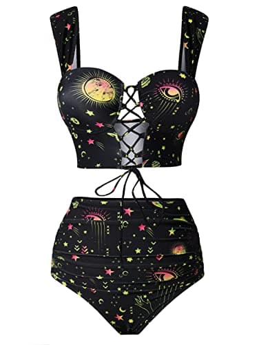 Image of DRESSFO Bikini Set for Women Two Piece Bathing Suit High Waisted Bikini Gothic Sun and Moon Tummy Control Swimsuits, Yellow_1, S