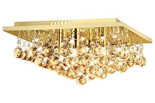 Image of Long Life Lamp Company Modern Flush Square Chandelier Ceiling Light Crystal Droplets Gold Effect Base M0142F with 4 x 3w G9 Warm