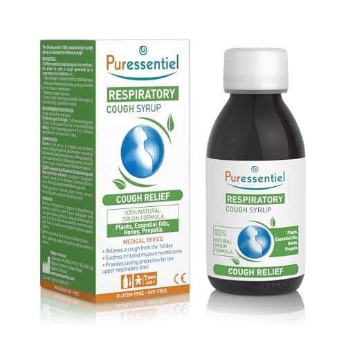 Image of Puressentiel Respiratory Cough Syrup 125ml - Cough Relief for All Coughs + Cold & Flu - Chesty Cough, Mucus Cough - 100% Natural Origin Medical Device - Essential Oils & Honey - for Children Aged 12+