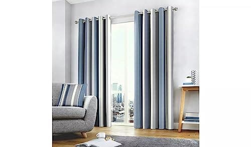 Image of Martin Mart A Modern Clean Vertical Stripe Multi-Colour Design Whitworth Fully Lined Eyelet Curtains - Blue