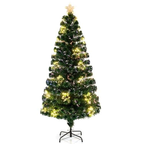 Image of COSTWAY 4FT/5FT/6FT Pre-Lit Christmas Tree, Fiber Optic Artificial Xmas Trees with Warm White Shape-Adjustable Star Lights & Top Star, Christmas Decor Tree for Home Office Holiday Party (180 cm)
