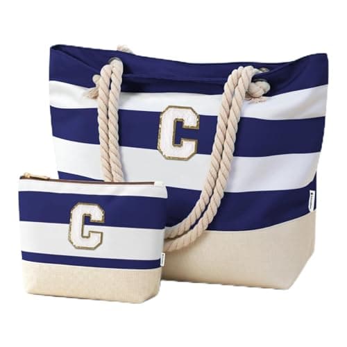 Image of Vavabox Initial Beach Bag with Zip and Pockets, Personalized Gifts for Women, Water-resistant Foldable Large Beach Tote Bag Set for Travel Swimming Pool