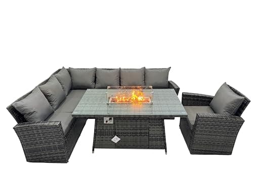 Image of FMSGarden Outdoor Rattan Corner Sofa Garden Furniture High Back Sofa Set Gas Fire Pit Dining Table Gas Heater Burner Arm Chair 7 Seater