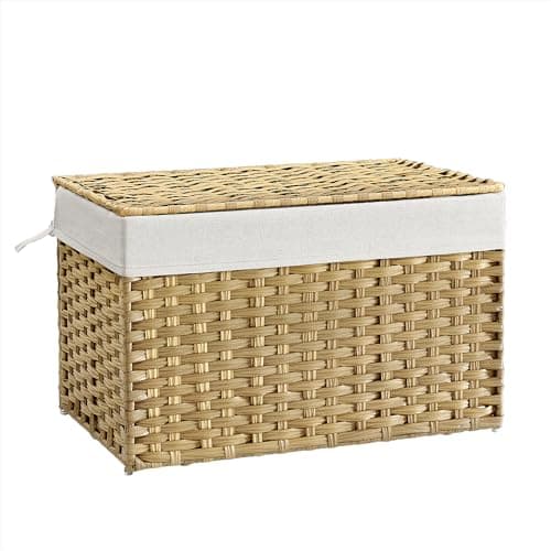 Image of SONGMICS Laundry Basket, 105L Synthetic Rattan Storage Basket with Lid and Handles, Wicker, Foldable, Removable Liners, for Blankets, Clothes, Living Room, Bedroom, Laundry Room, Natural RST066N01