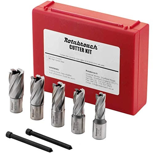 Image of Rotabroach Annular Cutter Set 7pc - RAPK2000 Magnetic Drilling Annular M2AL HSS Steel Cutting Drill Bits 5 piece Kit 14, 16, 18, 20 & 22mm, plus Pilot Pins