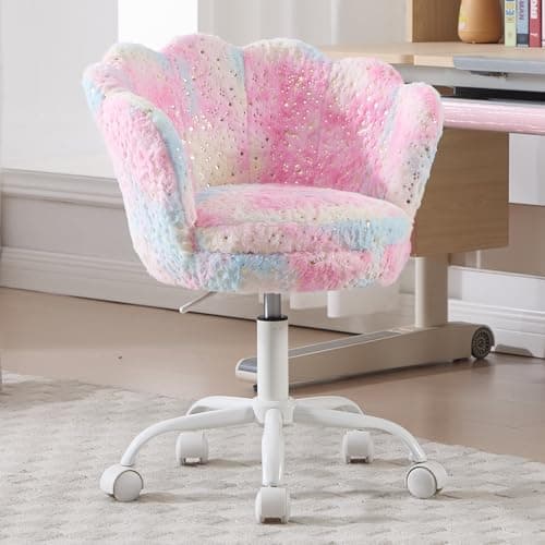 Image of Ya-Home Kids Desk Chair Faux Fur Swivel Computer Children Study Office Chair with Adjustable Height & Casters for Girls Boys, Pink Fur