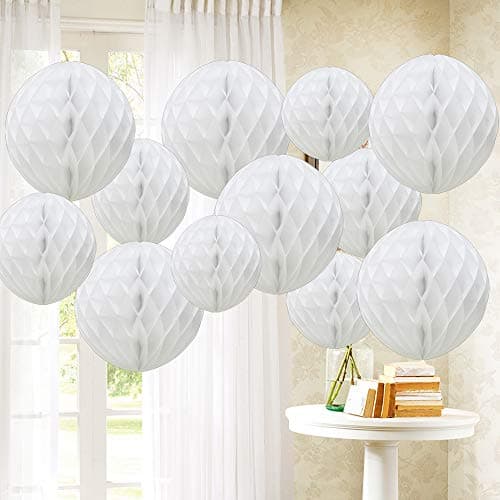 Image of Time to Sparkle 12 Pack Tissue Paper Honeycomb Balls, Poms Birthday Baby Shower Wedding Decorations (White)