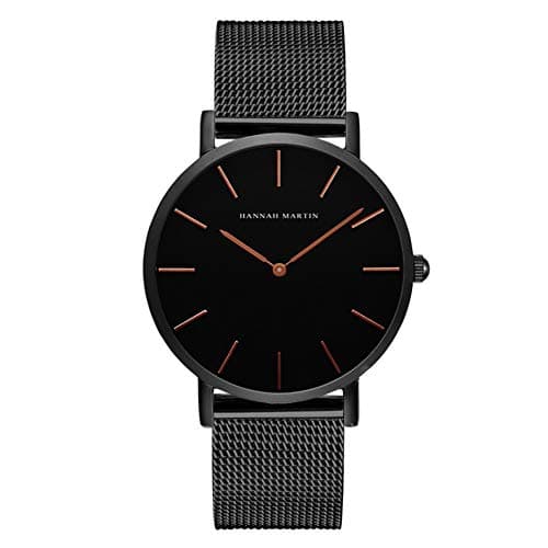 Image of Hannah Martin Ultra Thin Stainless Steel Mesh Band Waterproof Quartz Men's Women's Wrist Watch (Black Dial, Black Band)
