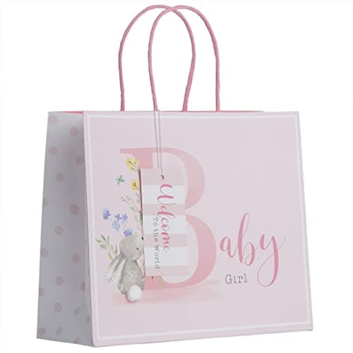 Image of Partisan Products White Kraft Paper Rabbit Pink Baby Girl Gift Bag With Gift Tag Shopper Fully Recyclable Newborn Medium