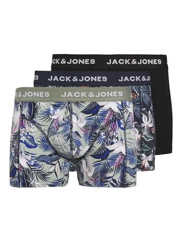 Image of JACK & JONES Men's Jacbrady Flower Trunks 3 Pack Sn Boxer Shorts (Pack of 3), Sky Captain/Pack:iceberg Green - Black, M