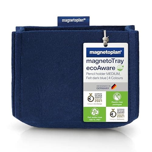 Image of magnetoplan magnetoTray ecoAware, Blue Magnetic Desk Organiser Made of 100% PET Felt, W x H x D 130 x 100 x 60 mm, Pen Holder for Office Supplies, Blue Pen Box, Recycled PET Bottles